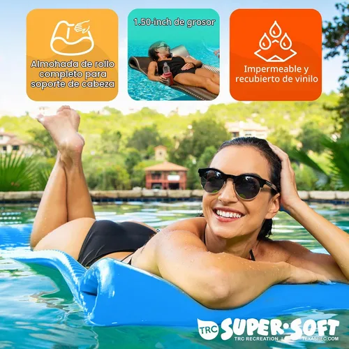 Vista 6 de TRC Recreation Serenity 1.5” Thick Vinyl Coated Foam Swimming Pool Float Mat Adult Lounger with Built-in Roll Pillow Azul Bahama
