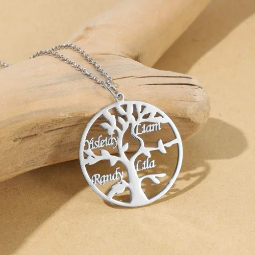 Vista 3 de Collar Kaululu con nombre personalizado para la familia, con 1-9 nombres grabado, colgante de árbol de vida, collar para mujer, hombre y familia