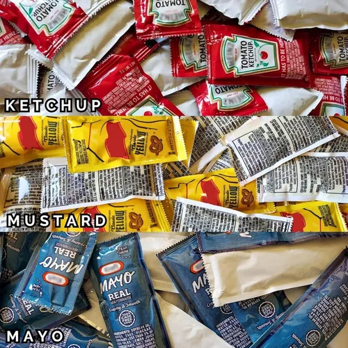 Vista 2 de Set de regalo: 25 paquetes de ketchup, 25 paquetes de mostaza y 25 paquetes de mayonesa - 75 paquetes de condimentos en total con clip y esparcidor