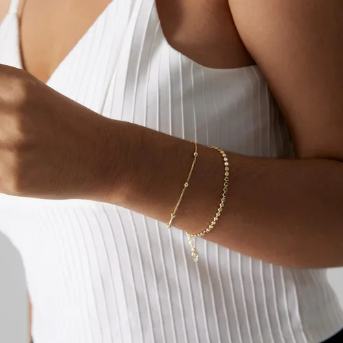 Vista 5 de MIDEEO - Pulseras chapadas en oro para mujer, juego de delgadas pulseras de cadena para combinar, de espiga, trenzada, de circonita cúbica