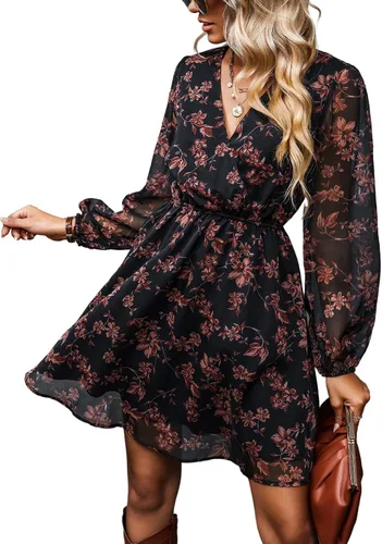 Vista 13 de CUPSHE Vestido floral de otoño para mujer, estilo bohemio, para vacaciones Borgoña Ditsy