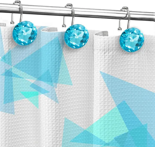 Vista 4 de Sunlit Diseño de Lujo Redondo Aqua Azul Diamante Cristal Gema Bling con Bolas Deslizantes Ganchos para Cortina de Ducha, Anillos para Cortina