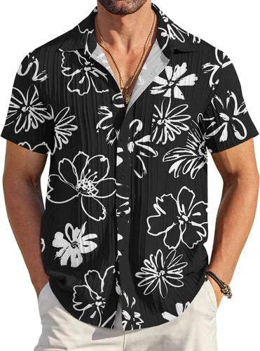 Vista 10 de COOFANDY - Camisas de botones casuales para hombre, de manga corta, con textura, camisa de playa de verano con bolsillo