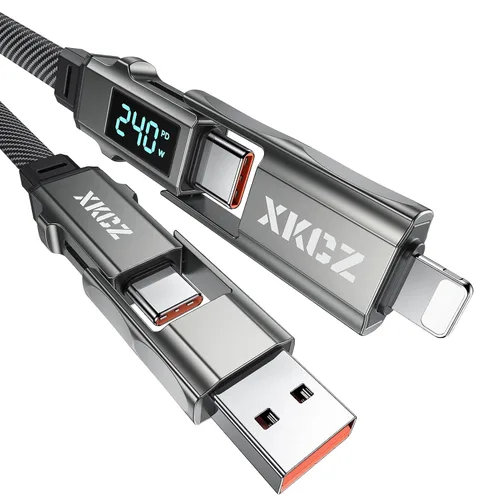 Vista 7 de XKCZ Cable USB C 4 en 1 con pantalla de potencia, cable de carga múltiple trenzado de nailon plano de 140 W con sincronización de datos, cable