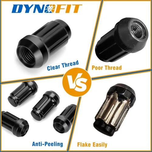Vista 4 de dynofit Tuercas de rueda de 1/2x20, 4 tuercas de orejeta cromadas negras de 1/2''-20 del mercado de accesorios con 1 llave, asiento cónico/cono
