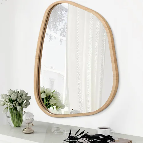 Vista 11 de Espejo asimétrico para pared, marco de madera ovalado irregular, moderno, único, espejo de pared decorativo para baño, sala de estar, dormitorio