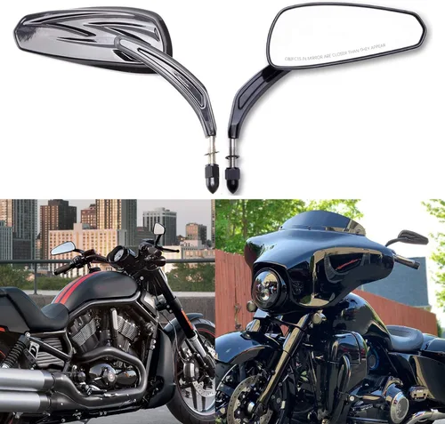Vista 12 de Espejo retrovisor lateral de 8 mm en negro para motocicleta con estilo hueco Compatible con Harley Street Glide, Road King, Dyn, Softail, Bobber