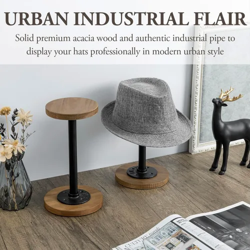 Vista 2 de MyGift 2 soportes para sombreros, perchero para sombreros de vaquero, organizador de gorra de béisbol con tubo de metal industrial, peluca o Madera