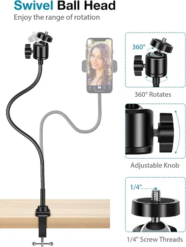 Vista 5 de Soporte para cámara web InnoGear con soporte para teléfono, brazo de cámara de escritorio de cuello de cisne para cámara web Logitech BRIO 4K C960