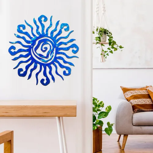 Vista 5 de Moxweyeni Arte de pared de metal con sol de 12 pulgadas, decoración al aire libre, loco y grande, decoración de pared de metal, decoración de Azul