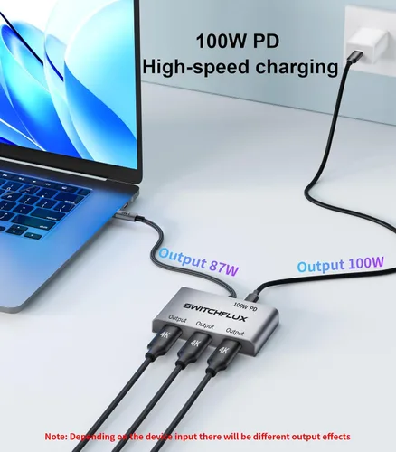 Vista 4 de Adaptador USB C a 3 × HDMI Divisor HDMI 4K60Hz Pantalla extendida Hub MST de 1 en 3 salidas con PD de 100 W para múltiples monitores convertidor