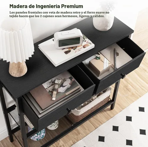 Vista 8 de HOOBRO Mesa consola estrecha de 29.5 pulgadas con 2 cajones de tela, mesa Negro