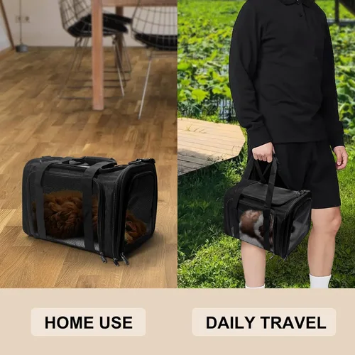 Vista 9 de Transportador para perros para mascotas, hasta 25 libras, transportador de viaje plegable para cachorros con correa para el hombro y tapete Negro