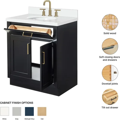 Vista 5 de ARIEL Hepburn - Tocador de baño de 30 pulgadas con fregadero, madera maciza, encimera y protector contra salpicaduras de cuarzo blanco puro de 1.5