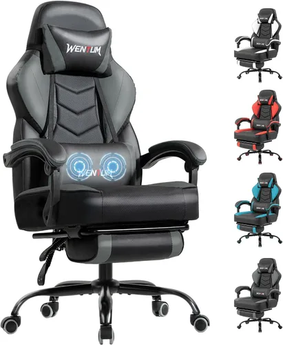 Vista 10 de Ergonomic Gaming Chair,Massage & Footrest,350lb Capacity,Breathable PU,Blue