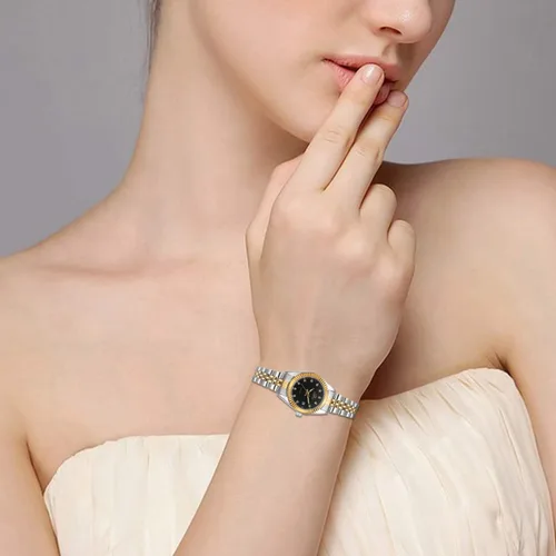 Vista 2 de JewelryWe Luxury Couple Watches Men Women Gold-Silver Tone Stainless Steel Wristwatch Watch His and Her Quartz Calendar Watch Set, for Christmas