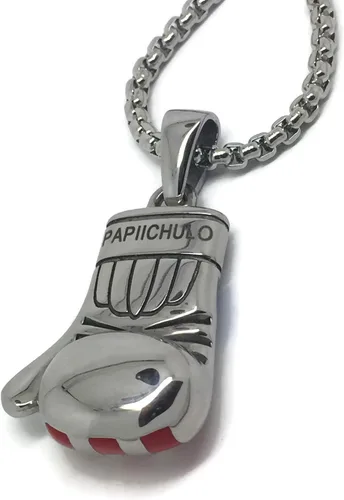 Vista 4 de Colgante de guante de boxeo con bandera puertorriqueña con caja de 24 pulgadas, collar de cadena de acero inoxidable enlazado para hombres