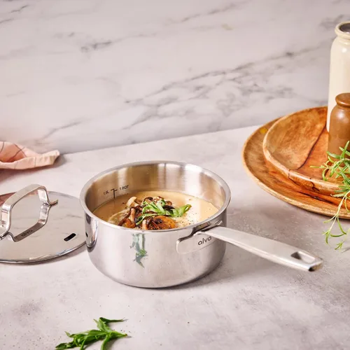 Vista 5 de Alva Maestro - Cacerola de acero inoxidable recubierta de 5 capas con tapa, olla pequeña de 1.5 cuartos de galón, compatible con inducción, apta