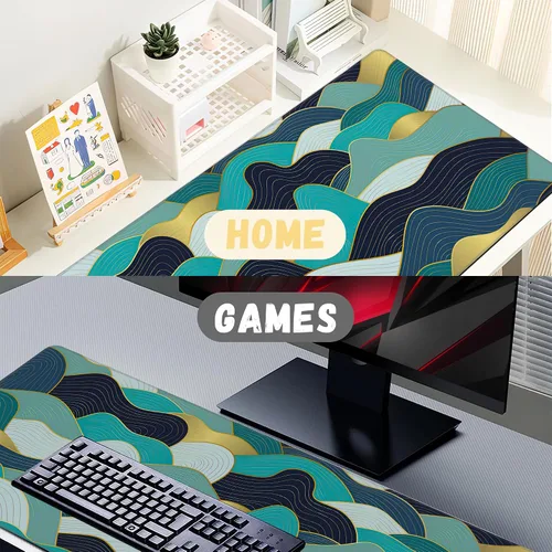 Vista 6 de Alfombrilla de mouse grande con ondas doradas, alfombrilla de mouse extendida para juegos, bordes cosidos, base de goma antideslizante, para Onda