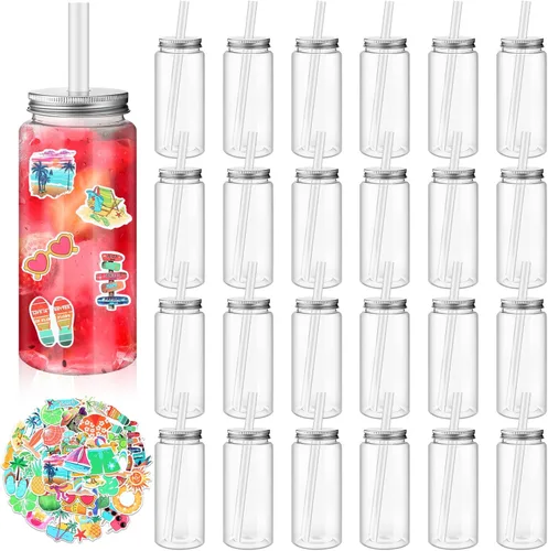 Vista 8 de Jingmore 12 botellas de plástico de 14 onzas con tapas para pajitas, vasos transparentes y reutilizables y calcomanías de verano para agua, té
