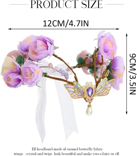 Vista 6 de BARTOSI Diadema de elfo con corona de hadas, diadema de elfo, tocado de bosque, floral, diadema renacentista, disfraz de Halloween, accesorios