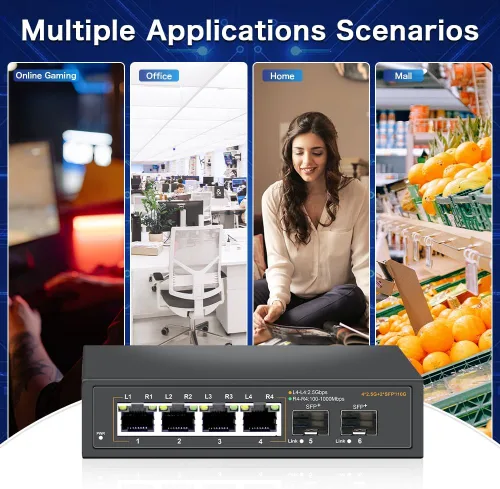 Vista 6 de Interruptor Ethernet no administrado de 2.5G con 4 puertos Base-T de 2.5G y 2 puertos de enlace ascendente SFP+ de 10G, compatible