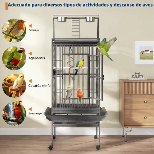 Vista 7 de Jaulas grandes de hierro forjado de 67 pulgadas con soporte rodante para cacatúas, loro, quáquero, conure, periquito, tortolito, canario, pequeño