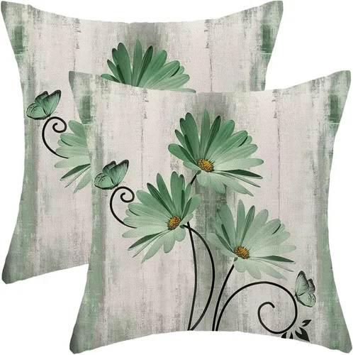 Vista 18 de Juego de 2 fundas de almohada florales de color salvia de 16 x 16 pulgadas, fundas de almohada decorativas con flores de margarita y mariposas