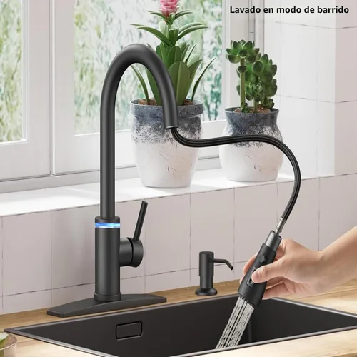 Vista 4 de Grifo de cocina táctil, rociador desplegable de 3 modos, sensor táctil activado, control de temperatura LED, rotación de 360 grados, placa de Negro