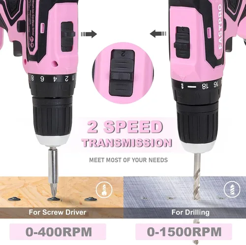 Vista 6 de FASTPRO 232 piezas 20 V Rosa inalámbrico Taladro de iones de litio y juego de herramientas para el hogar, kit de herramientas de reparación