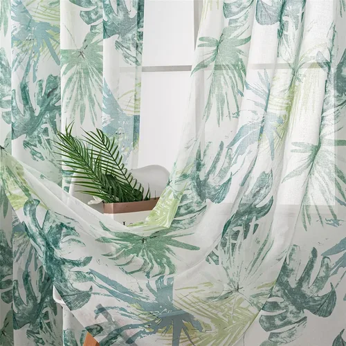 Vista 12 de VISIONTEX Cortinas transparentes con estampado de gasa, estilo abstracto europeo, estampado de hojas azules y amarillas, 2 paneles para decoración