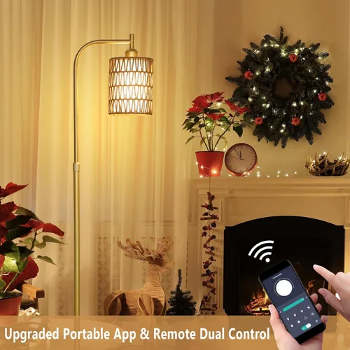 Vista 3 de LAMSU Modernas lámparas de pie doradas para sala de estar, lámpara de pie de ratán bohemio con bombilla LED regulable y control remoto, lámpara