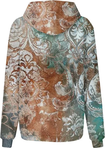 Vista 4 de Sudaderas con capucha gráficas para mujer, sudaderas de gran tamaño con cordón y bolsillo, ropa étnica de otoño e invierno