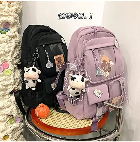 Vista 2 de Mochila Kawaii con alfileres Kawaii mochila escolar linda mochila estética linda mochila Kawaii para la escuela, Morado, With Accessories