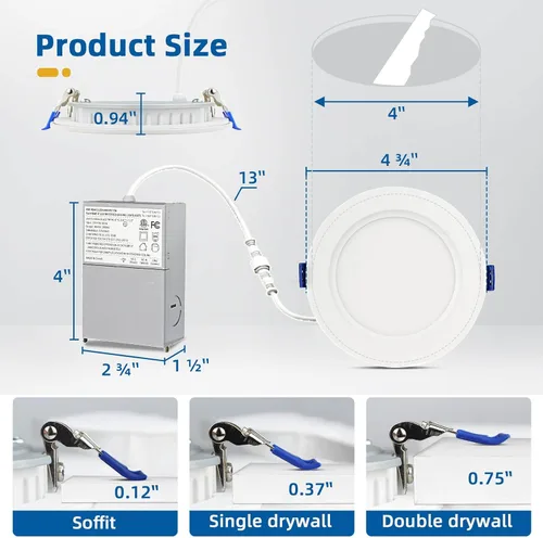 Vista 6 de Paquete de 4 luces empotrables de 4 pulgadas, iluminación LED empotrable ultrafina sin lata, luces empotrables regulables 5 ct.