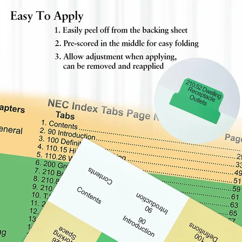 Vista 6 de Pestañas de libro del Código Eléctrico Nacional (NEC) actualizadas 2023, 140 pestañas de índice codificadas por colores y laminadas, con calcomanías