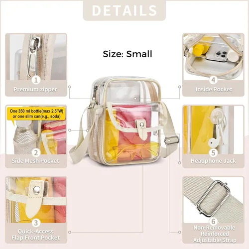 Vista 7 de Bolso bandolera transparente SPODEARS para eventos en estadios y conciertos - Cartera con correa de hombro ajustable con 1 soporte para botella