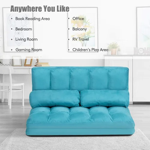 Vista 8 de S AFSTAR Safstar Sofá plegable y futón de suelo, sofá cama de tela de 6 posiciones con 2 almohadas y relleno de esponja, sofá perezoso ajustable Azul