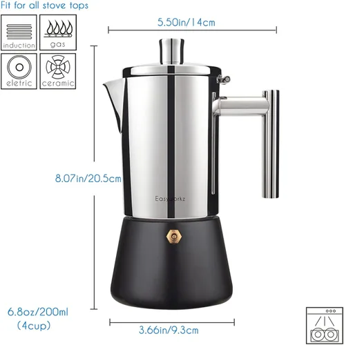 Vista 3 de Easyworkz Diego - Cafetera de café espresso de acero inoxidable de 4 tazas de 6.8 onzas, con cuchara de café retro de acero inoxidable con mango