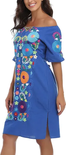 Vista 6 de YZXDORWJ Vestido bordado mexicano de manga corta para mujer