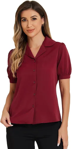 Vista 6 de Allegra K Blusa de verano con cuello de solapa para mujer, camisa de manga corta con botones Negro
