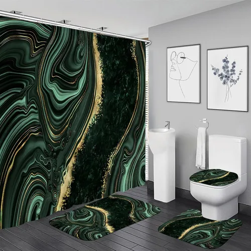 Vista 13 de Nkzply Juego de 4 Piezas de Cortinas de Ducha de Mármol Negro con Alfombras, Juegos de Baño Dorados con Cortina de Ducha y Alfombras, Accesorios