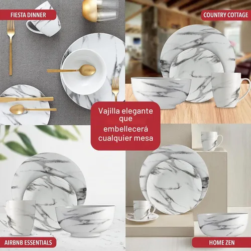 Vista 5 de Safdie & Co. - Juego de vajilla de mármol de 16 piezas, porcelana, color blanco