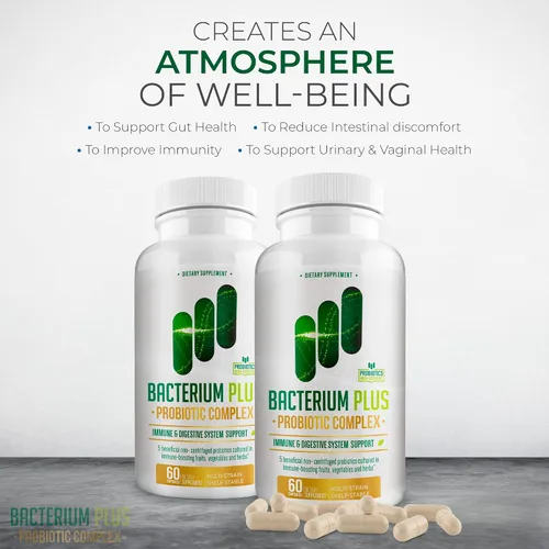 Vista 4 de Bacterium Plus, producto natural, cápsulas vegetarianas, bienestar general, 60 unidades, paquete de 1