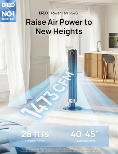 Vista 2 de DREO Ventilador de torre inteligente para dormitorio, altura ajustable de 40 a 45 pulgadas, velocidad de 28 pies/s, motor de CC, 9 velocidades, 4