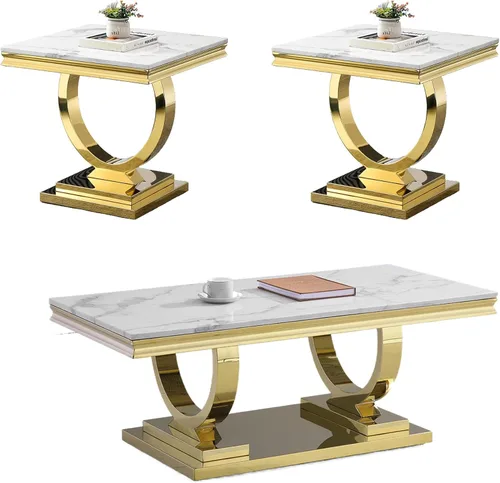 Vista 22 de Juego de 2 mesas de café de mármol, juego de mesa de sala de estar de 2 piezas que incluye 1 mesa auxiliar y 1 mesa auxiliar, moderna mesa de centro
