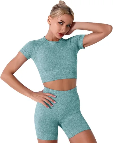 Vista 2 de Conjunto de yoga para mujer, sin costuras, pantalones cortos de ejercicio de cintura alta con brasier deportivo, 3 piezas, conjunto deportivo