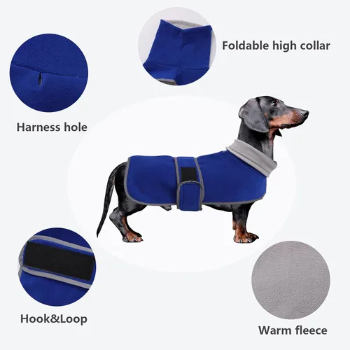 Vista 3 de Abrigos para perros salchicha Morezi de forro polar para invierno, ropa para dachshund miniatura con cierre de gancho y bucle y ribete reflectante
