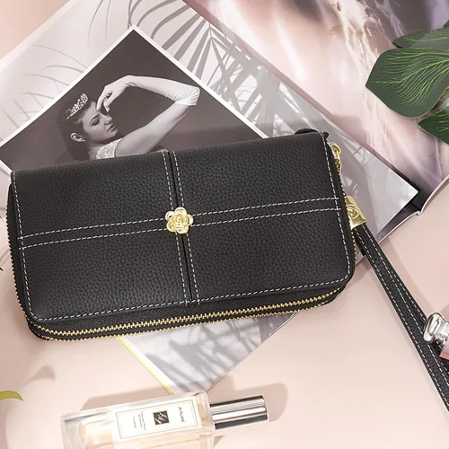 Vista 2 de Cartera de cuero real para mujer con adorno de camelia, bloqueo RFID, bolsillo para monedas, Negro, L, Clásico