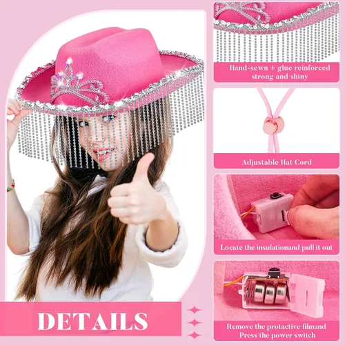 Vista 3 de Light up Pink Cowgirl Hat for Girls Rhinestone Cowboy Hat Cowgirl Party Decorations Diamond Fringe Hat Child